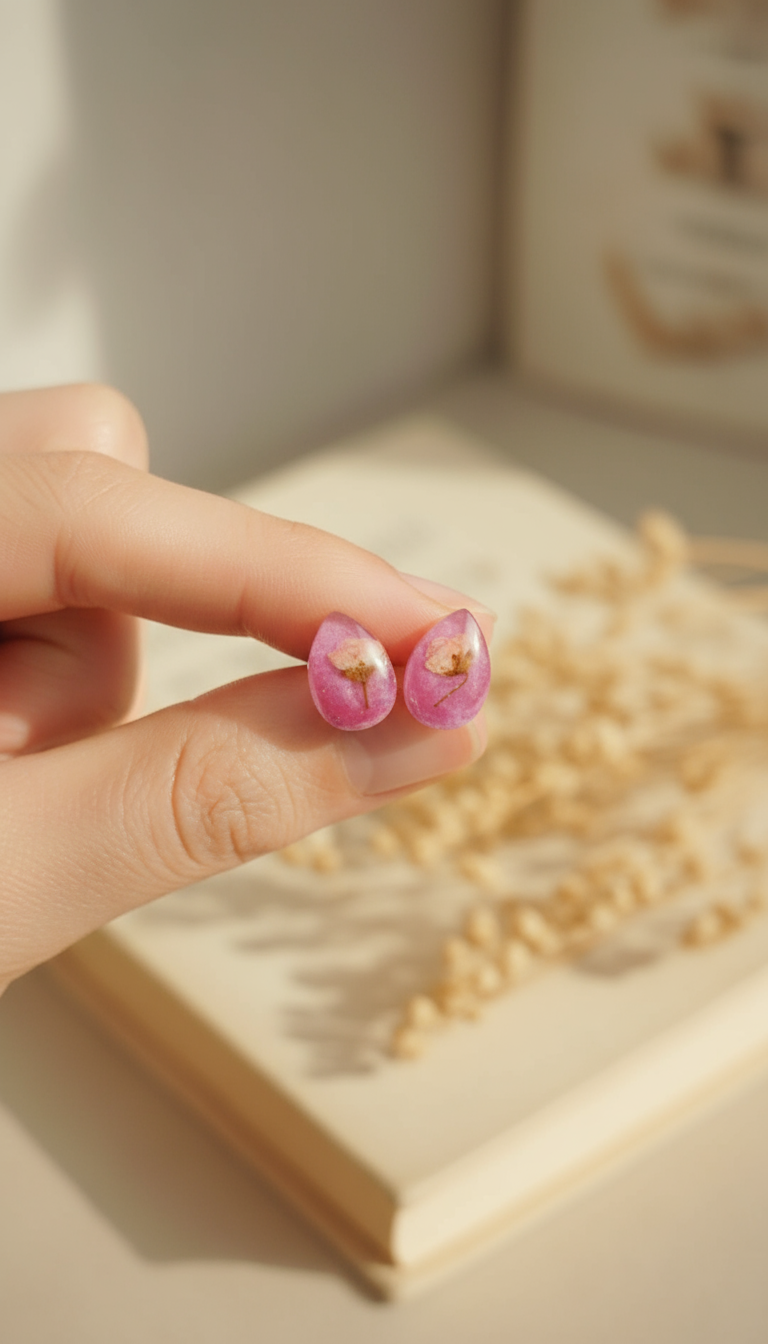 Pink resin narcissus teardrop earrings on vintage book with botanical decoration
