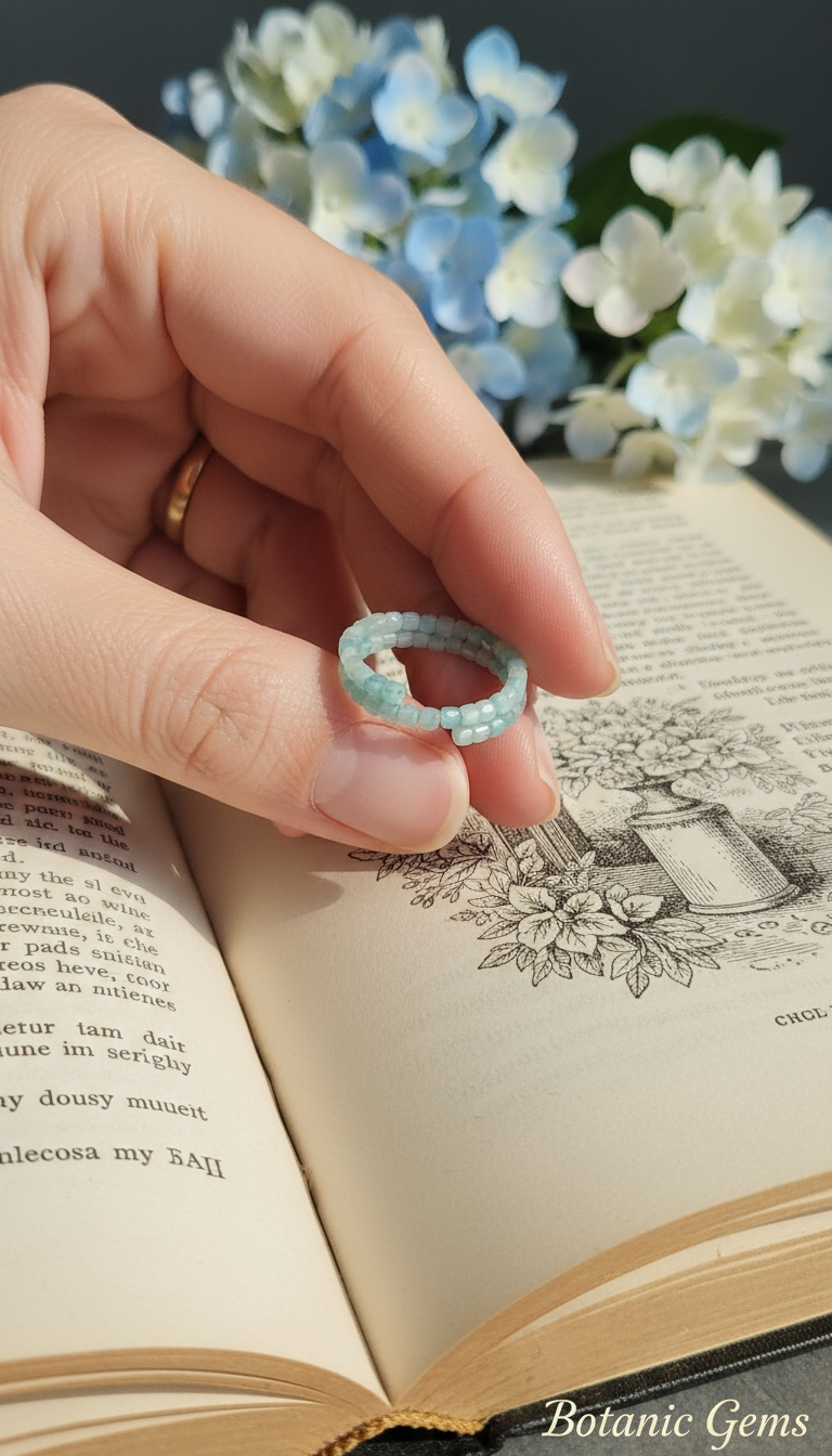 Handcrafted faceted aquamarine beaded ring adjustable open design