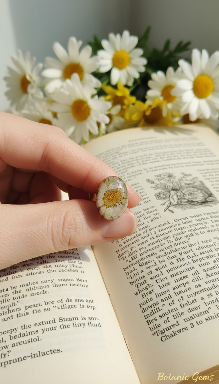 Pressed daisy resin ring on vintage book with white flowers