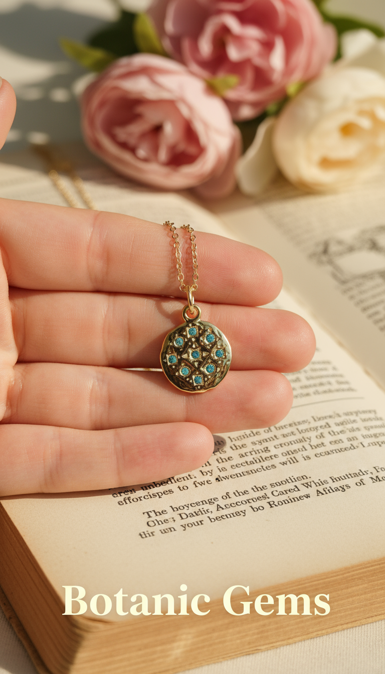 Gold plated pendant necklace with blue cubic zirconia on vintage book