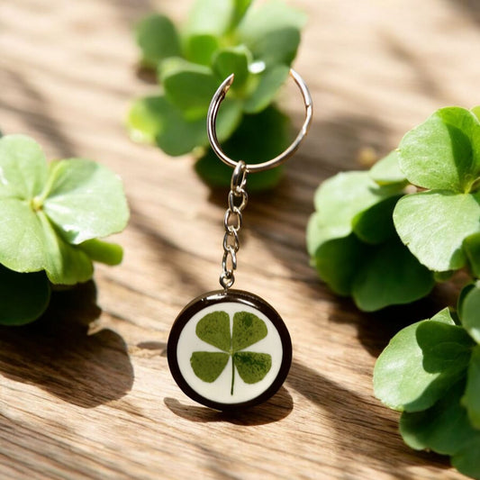 Handmade resin keyring with real four-leaf clover, an Irish good luck keepsake by Botanic Gems Jewelry.