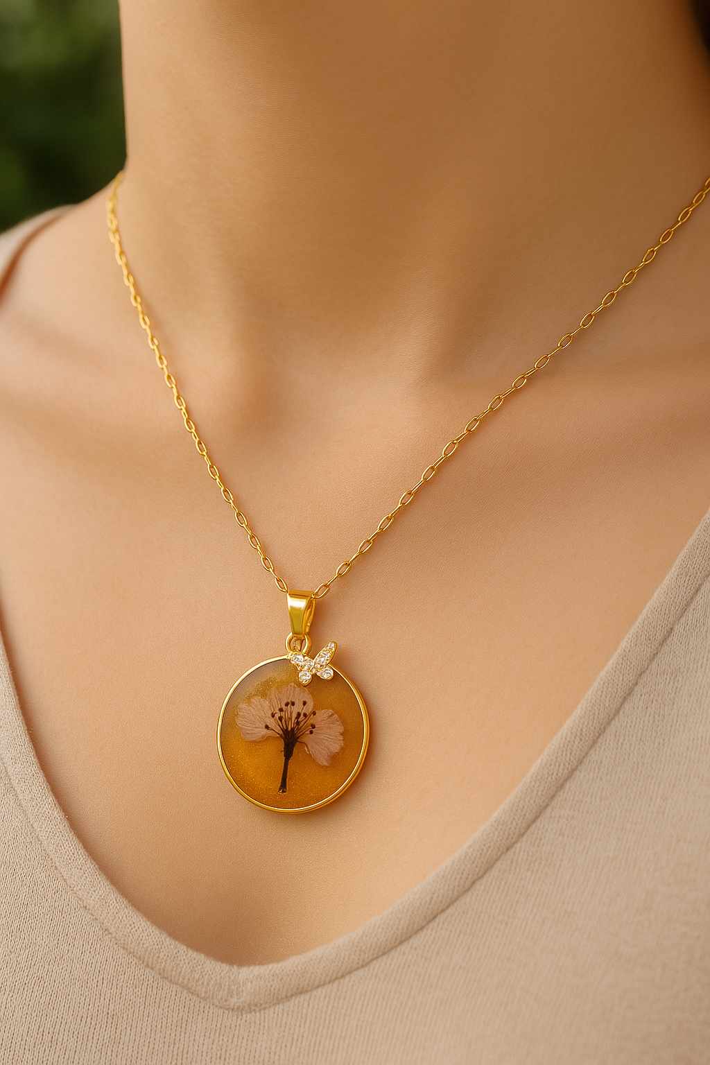Handmade real cherry blossom pendant, Irish botanical jewelry by Botanic Gems Jewelry.