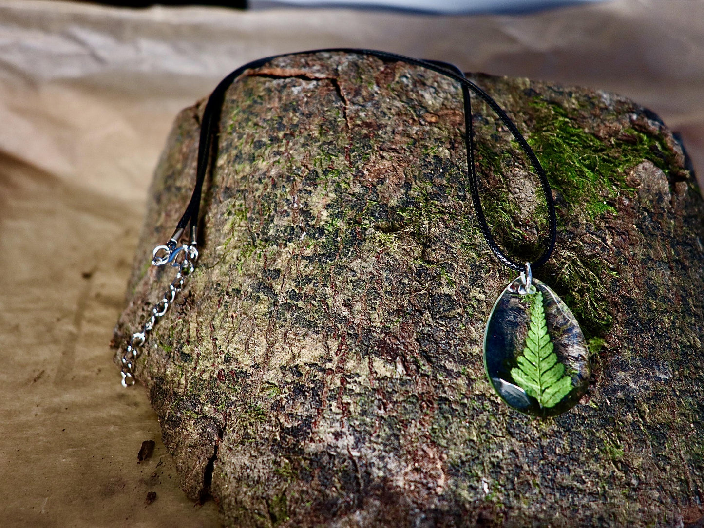 "Real Irish fern resin jewelry worn on model, showcasing elegant botanical style from Botanic Gems Jewelry