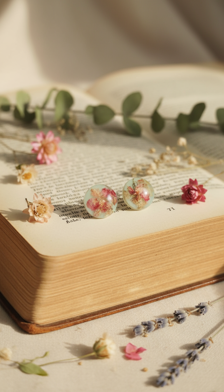 Light blue resin circular earrings on vintage book with botanical decoration
