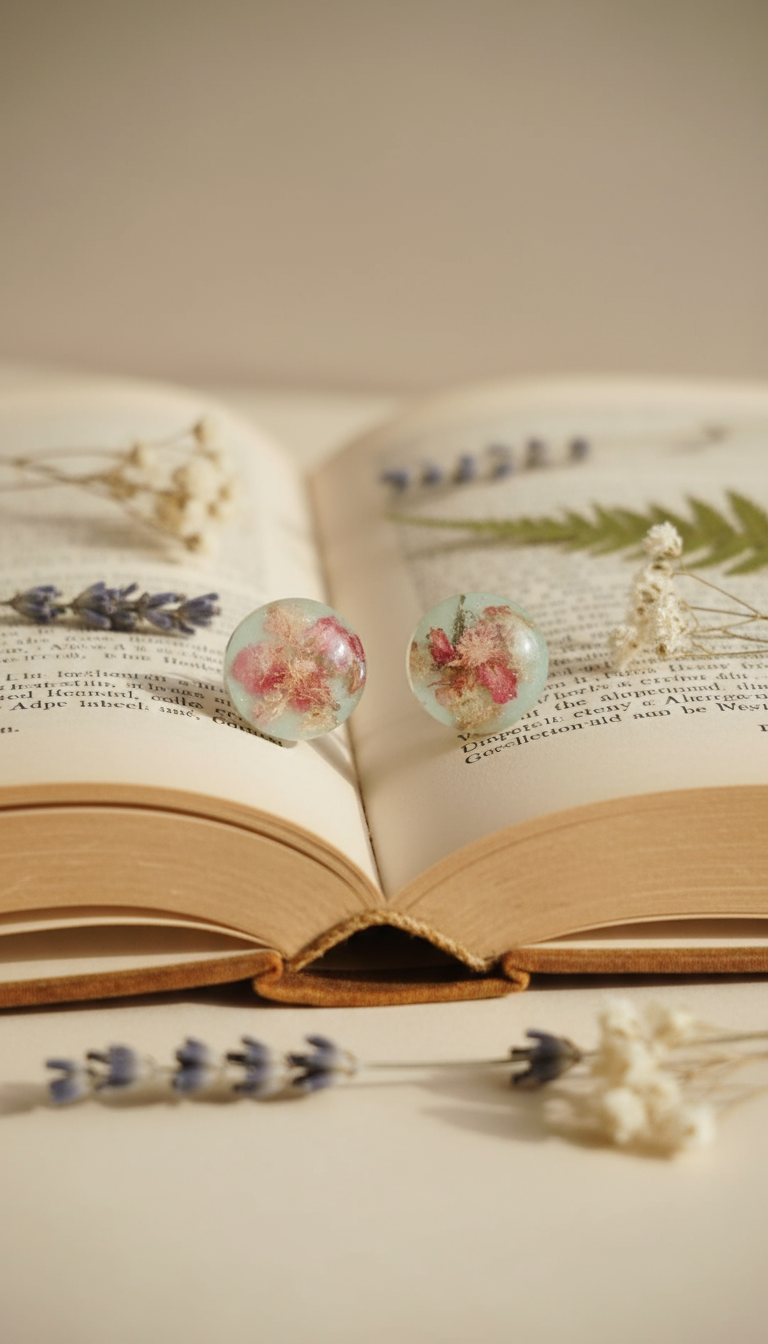 Light blue circular flower earrings botanical flat lay with vintage book
