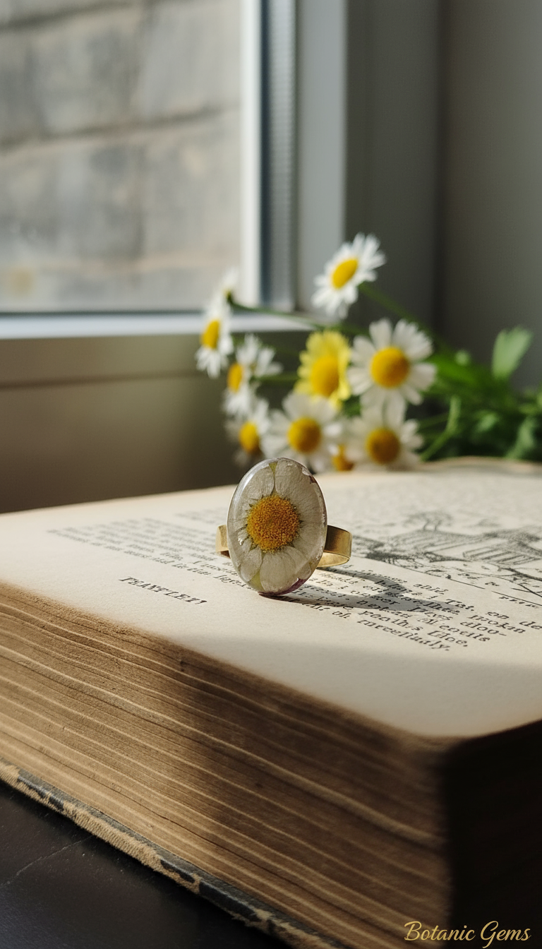 Pressed flower resin ring close up detail white daisy yellow center