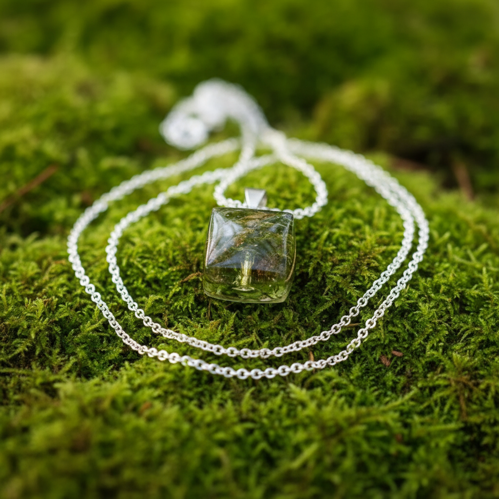Square moss pendant necklace displayed on fresh green moss natural background