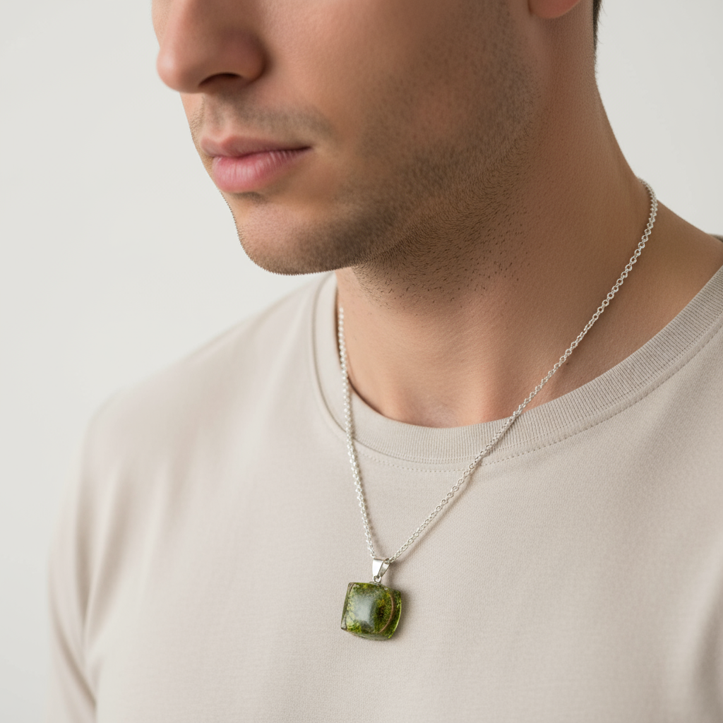 "Man wearing olive green moss resin pendant necklace unisex jewelry lifestyle photo