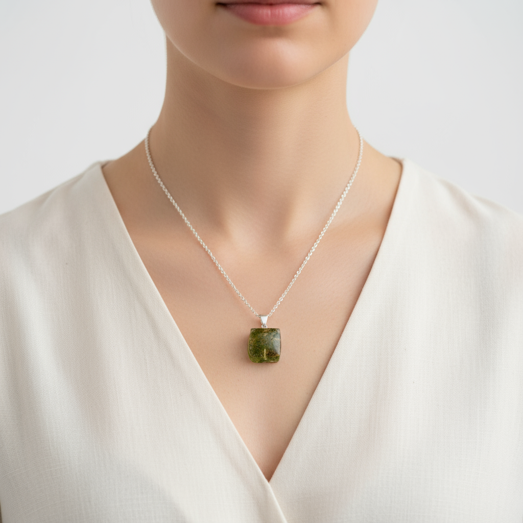 "Woman wearing olive green moss resin pendant necklace faceless lifestyle photo"