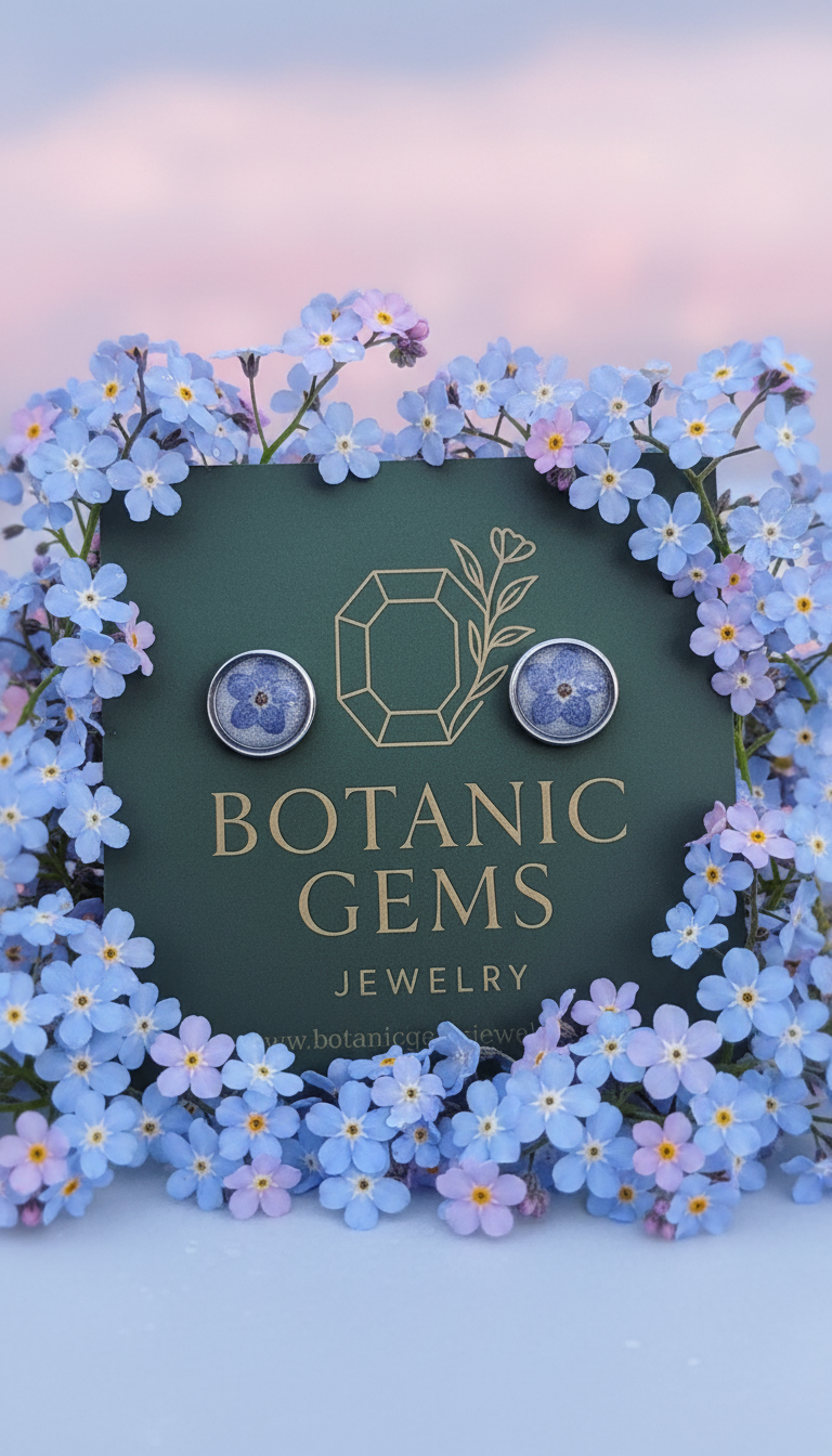 Blue forget-me-not flower earrings held in hand with metallic backing
