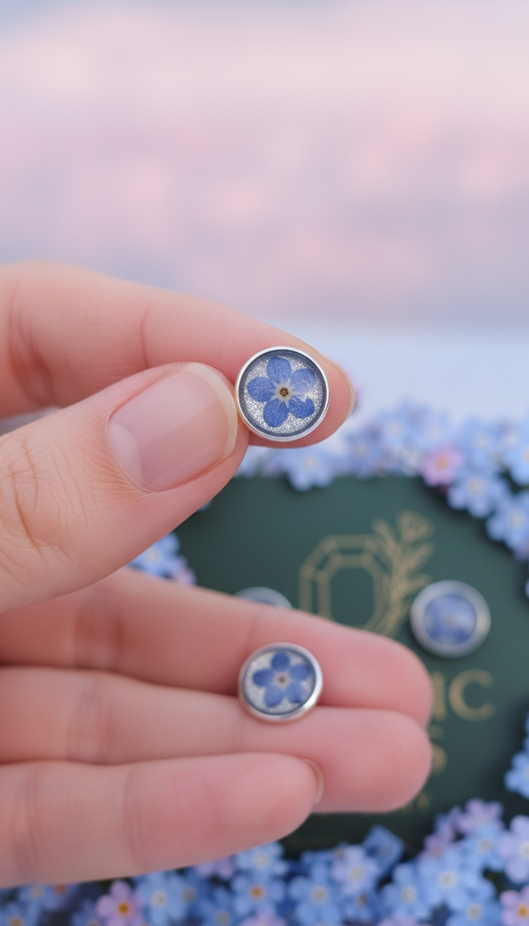 Handmade pressed flower earrings with blue forget-me-nots and metallic background

