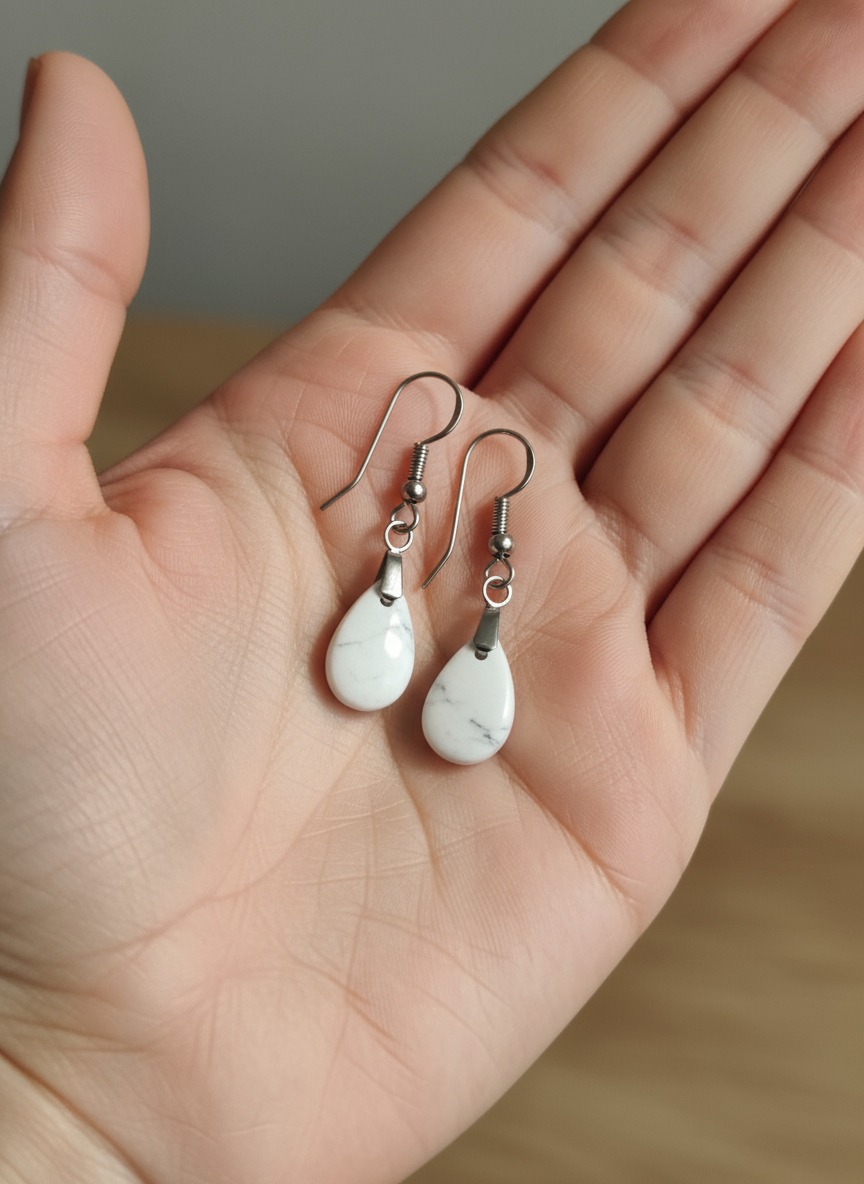 "Handcrafted white howlite drop earrings with minimal black veining - hypoallergenic jewelry"