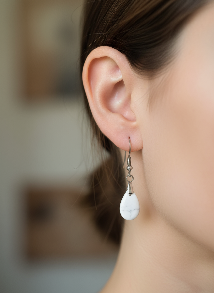 White howlite teardrop earrings with stainless steel hooks - 1cm calming gemstone jewelry
