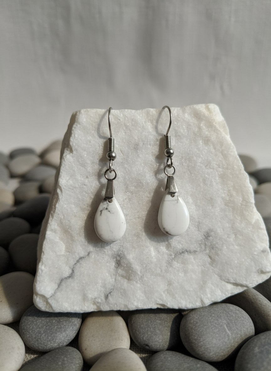 White Howlite Teardrop Earrings - Stainless Steel Dangle Gemstone Earrings