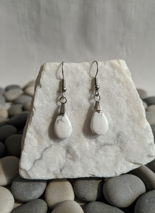 White Howlite Teardrop Earrings - Stainless Steel Dangle Gemstone Earrings