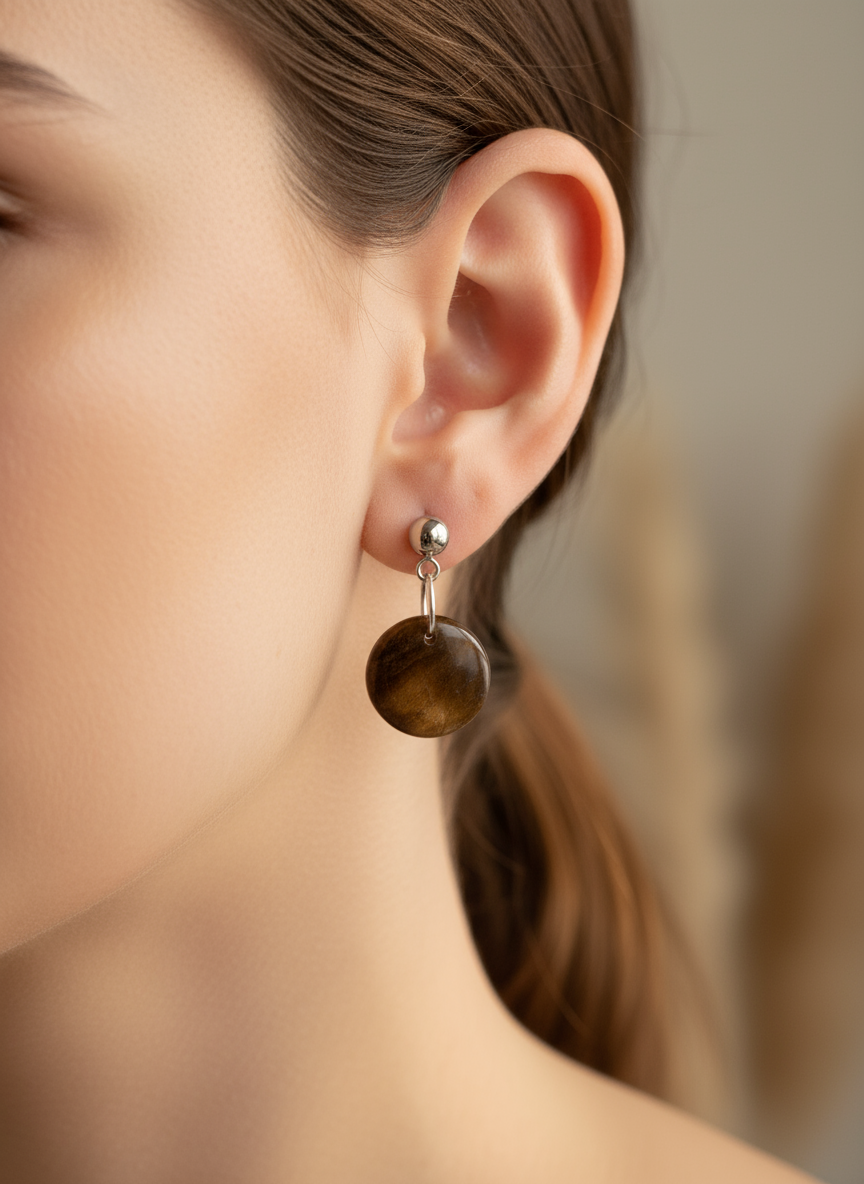 Brown jasper dangle earrings with stainless steel chain - 1cm round gemstone earrings