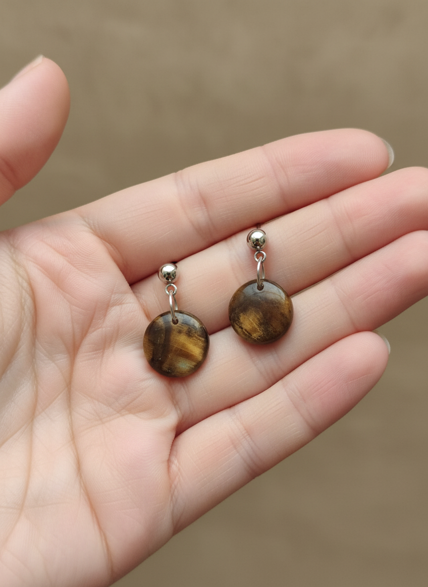 Natural brown jasper ball earrings with chain connector - minimalist gemstone jewelry"
