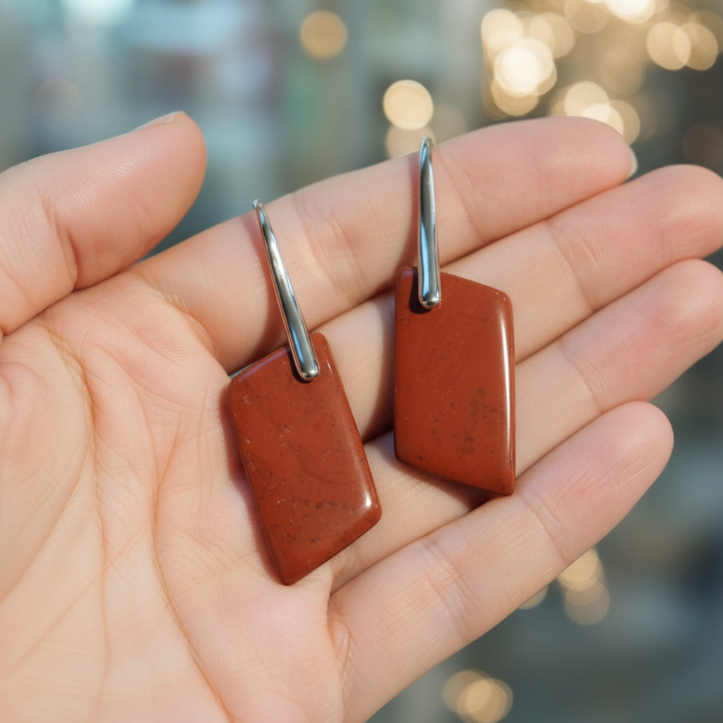 Natural red jasper rectangular earrings - modern minimalist gemstone jewelry