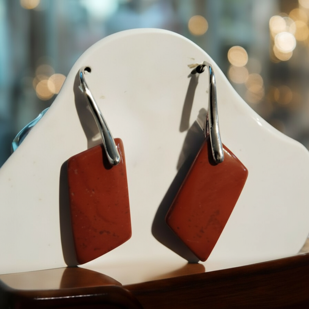 Handcrafted terracotta red jasper stone earrings - hypoallergenic stainless steel jewelry