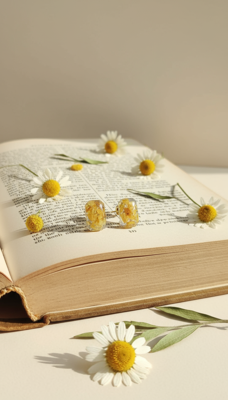 Hand holding handmade daisy flower resin earrings with natural botanical background
