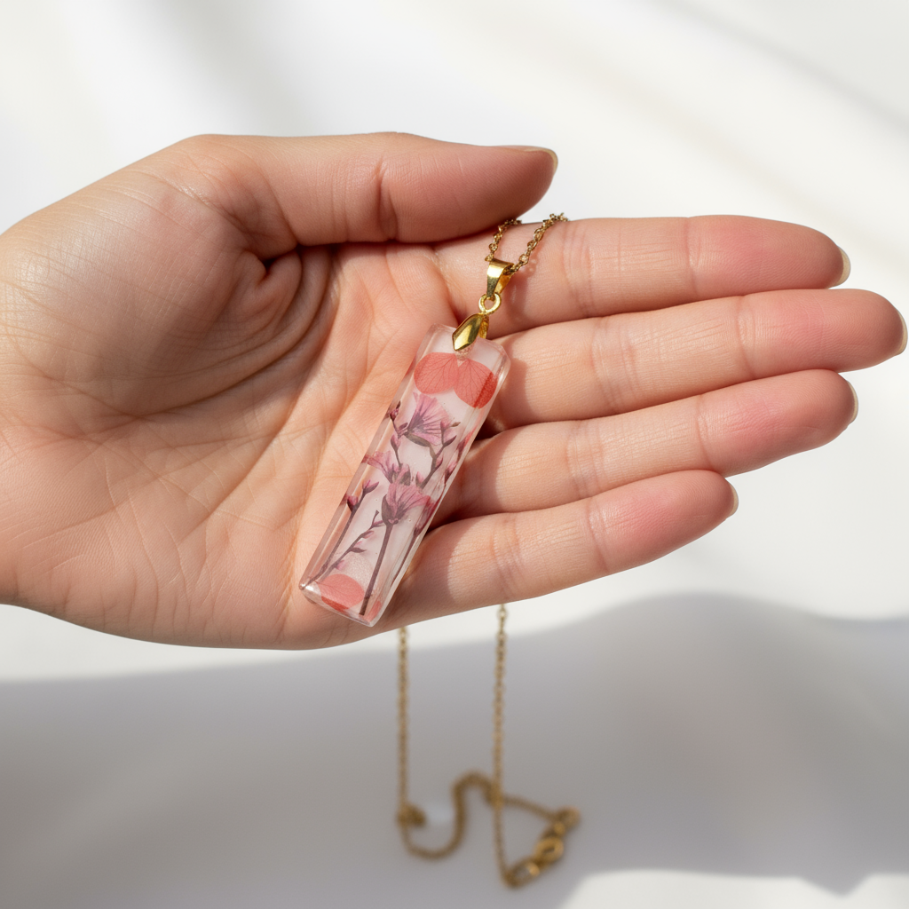 "Clear resin rectangular pendant necklace with pressed pink flowers and coral petals gold chain"