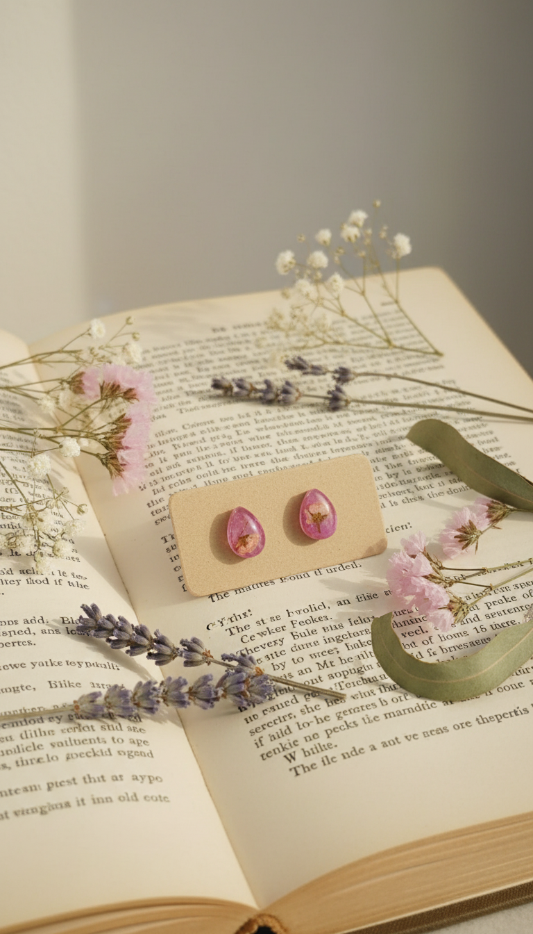Pink narcissus teardrop earrings botanical flat lay with flowers and vintage book
