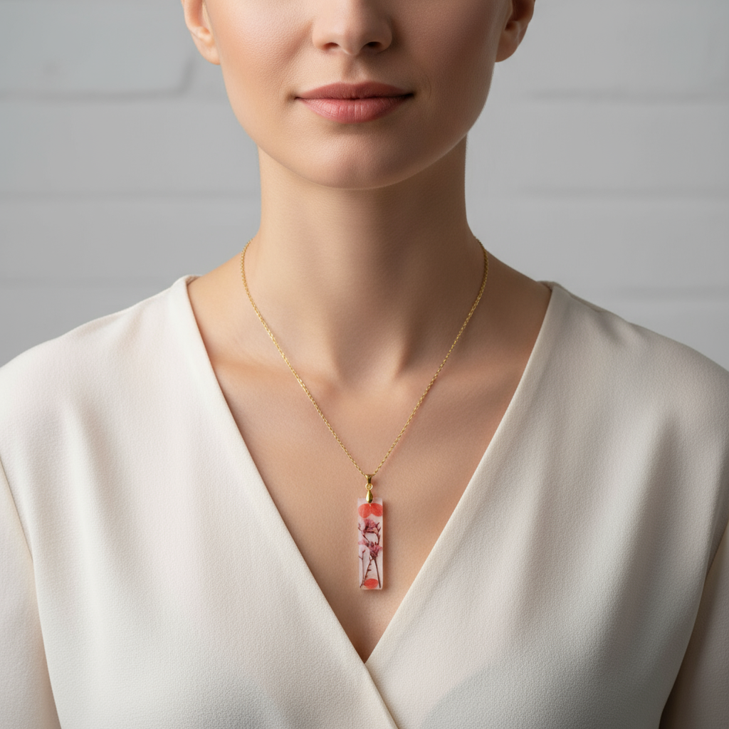Woman wearing clear resin pressed pink flower pendant necklace on neck lifestyle photo"