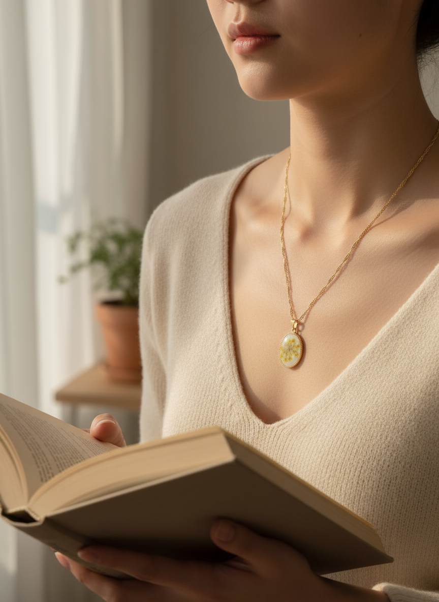 Queen Anne's Lace necklace with pressed flower in resin displayed on stacked vintage books
