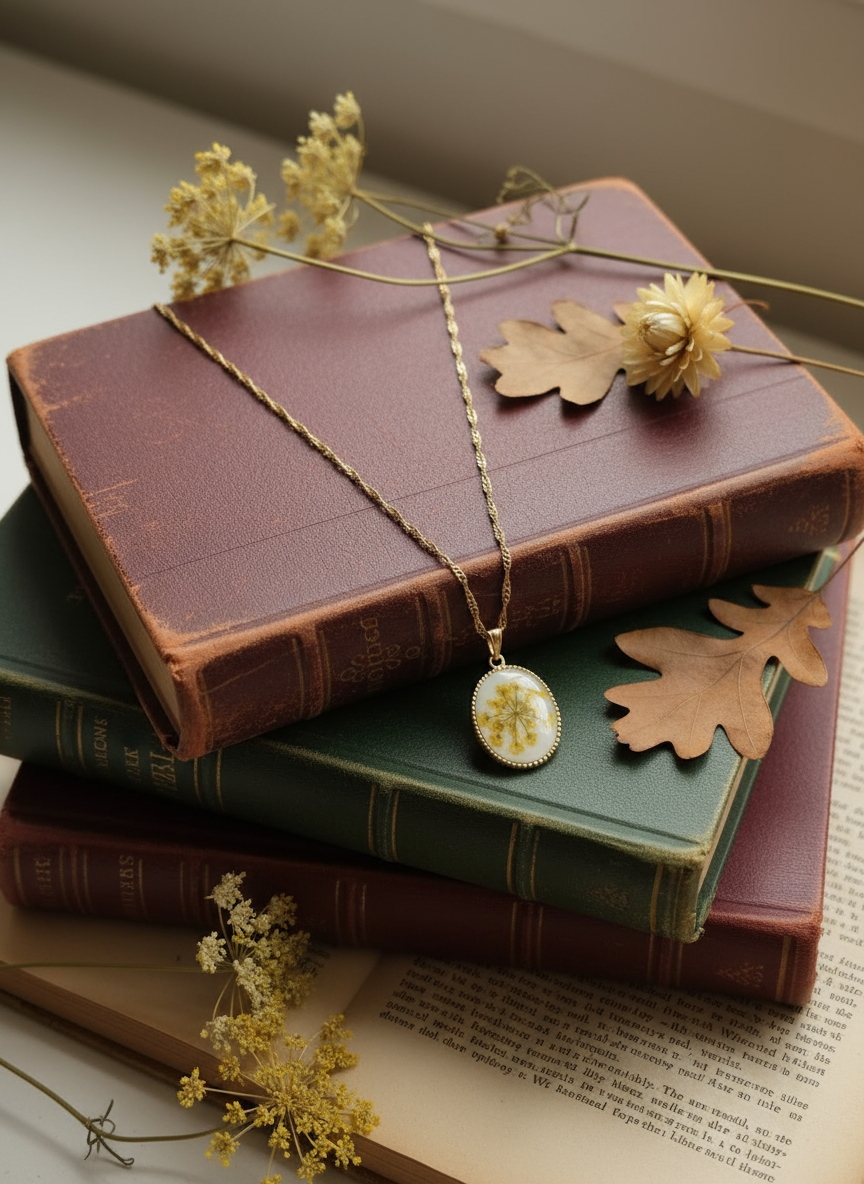 Close-up of Queen Anne's Lace pressed flower necklace worn on neck showing delicate white blooms

