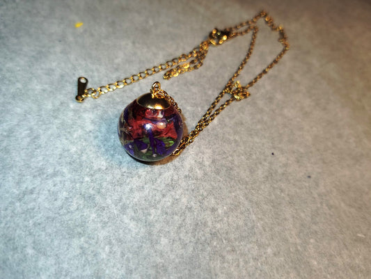 Real flowers necklace - botanical jewelry with dried flowers in glass sphere - colorful flower garden pendant"