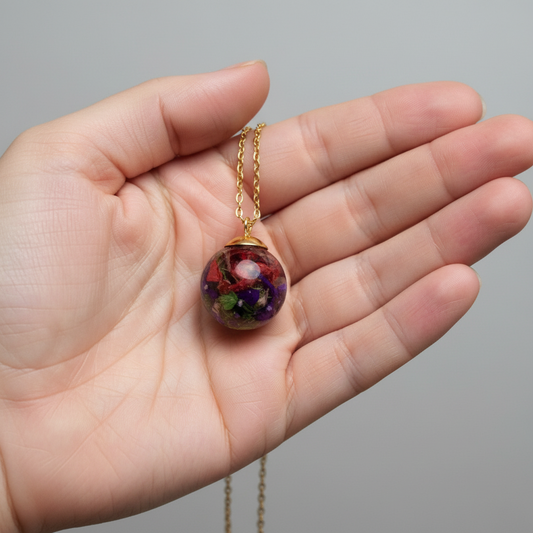 Real botanical jewelry - dried flowers necklace in hand - glass sphere pendant with real flowers"