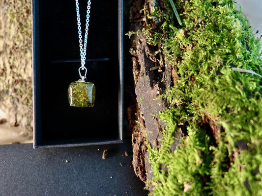 Handmade real Irish moss jewelry in clear resin, elegant botanical piece from Botanic Gems Jewelry