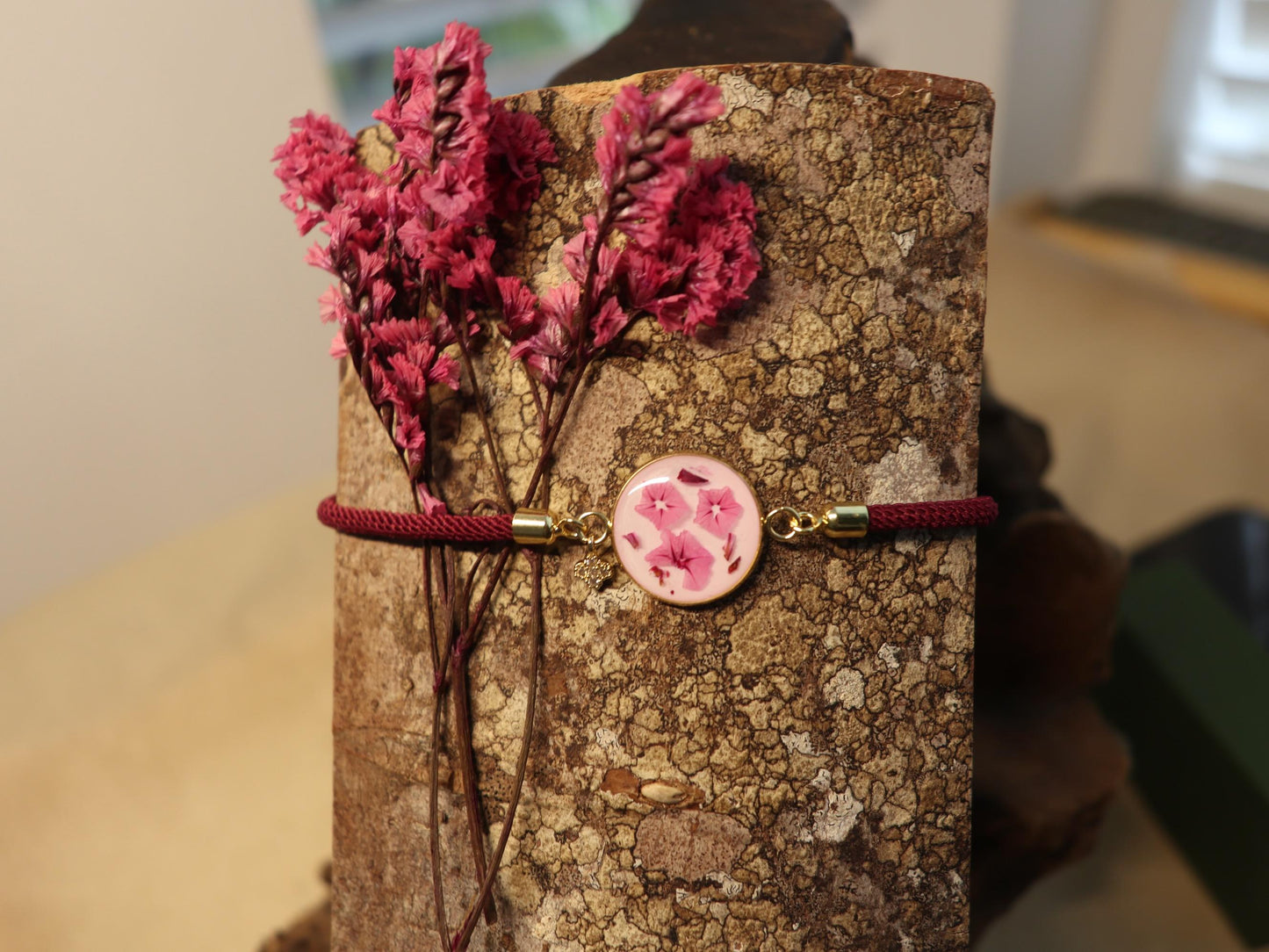 Handmade real pink Limonium flower jewelry, Irish botanical piece by Botanic Gems Jewelry