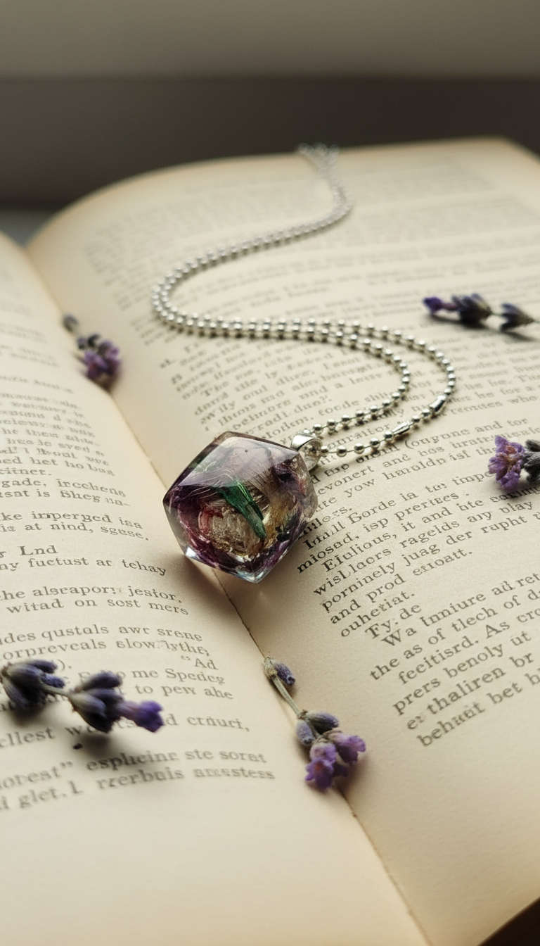 Square Resin Pendant Necklace with Mixed Flowers - Stainless Steel