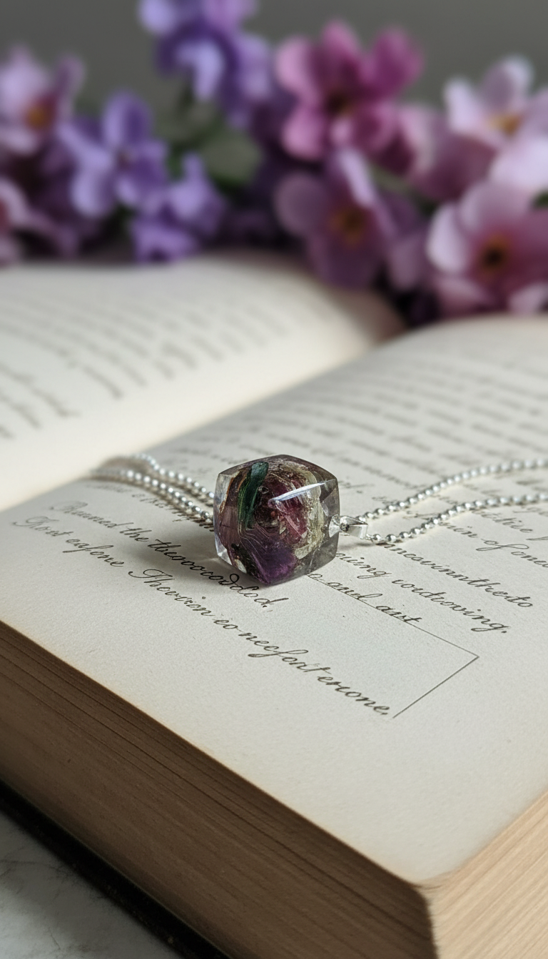 Square resin pendant with pressed flowers on vintage book