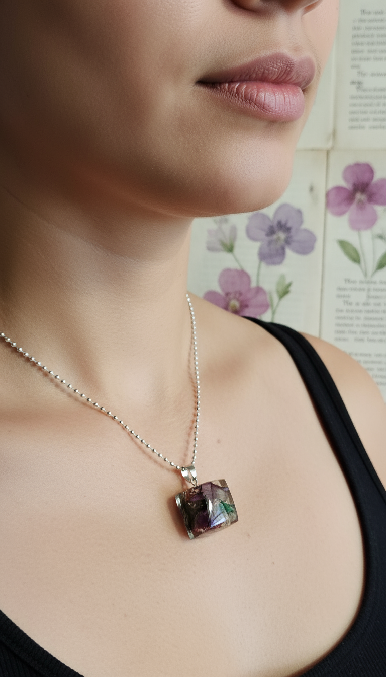 Nature inspired resin pendant with real flowers held in hand