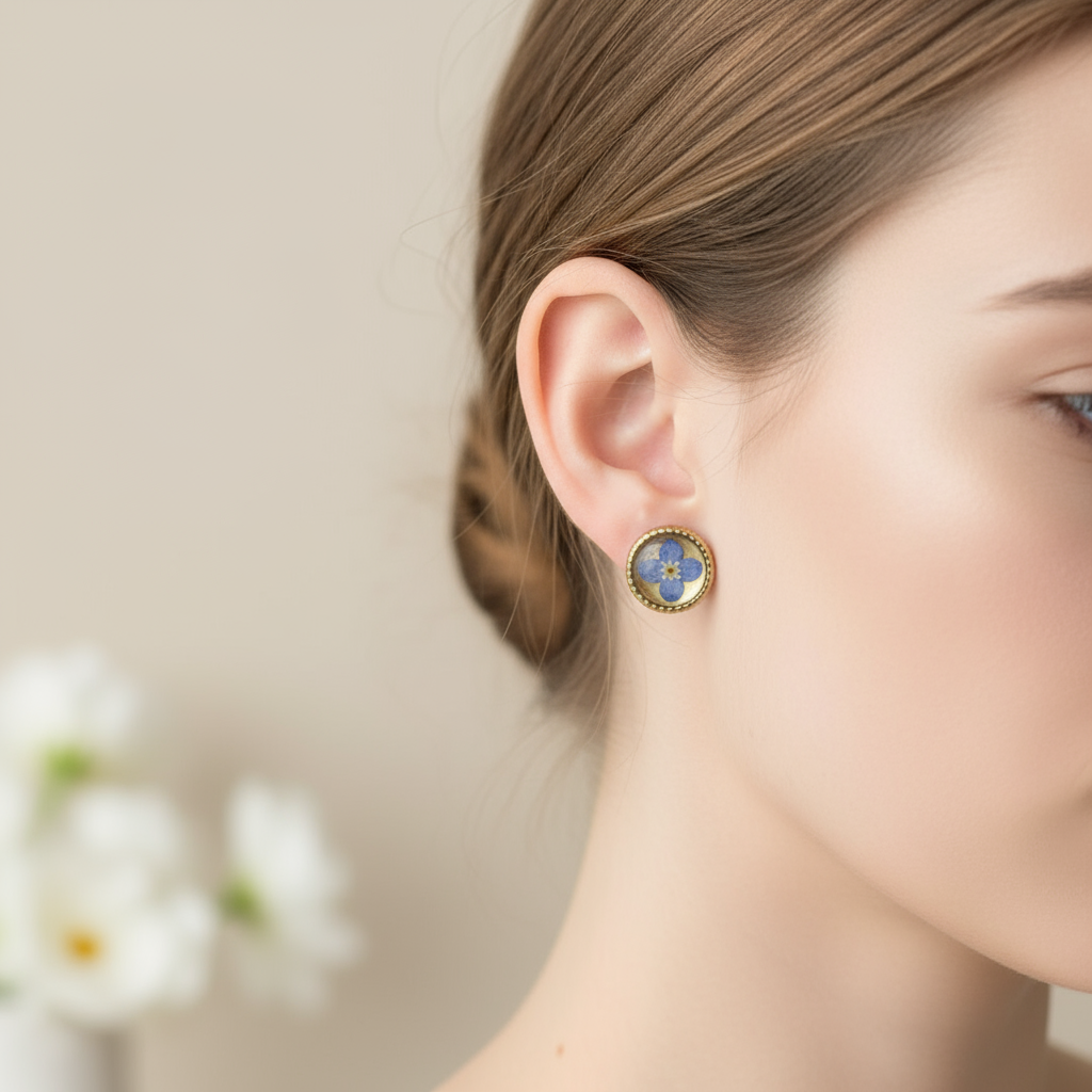 "Close up of delicate forget me not flower stud earrings worn on ear showing small size and blue pressed flower detail