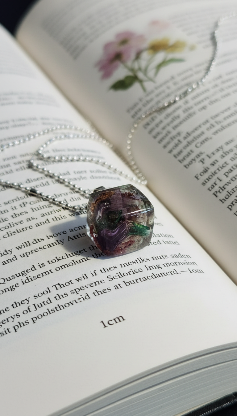 Handmade square resin flower necklace - real pressed mixed flowers stainless steel pendant jewelry