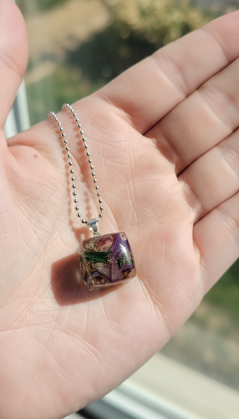 Square resin pendant necklace with mixed pressed flowers on stainless steel chain