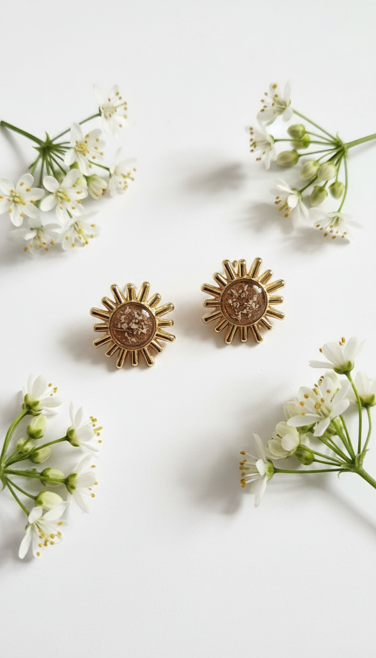  Stainless steel hooks, golden resin, pressed white Anise Queen flowers