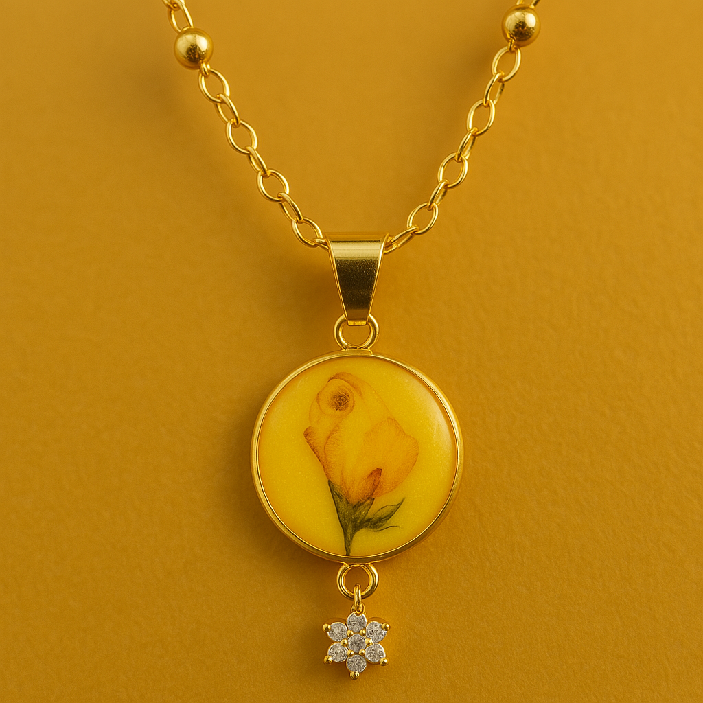 "Close-up of delicate real yellow archangel flower detail in handmade Irish pendant from Botanic Gems Jewelry